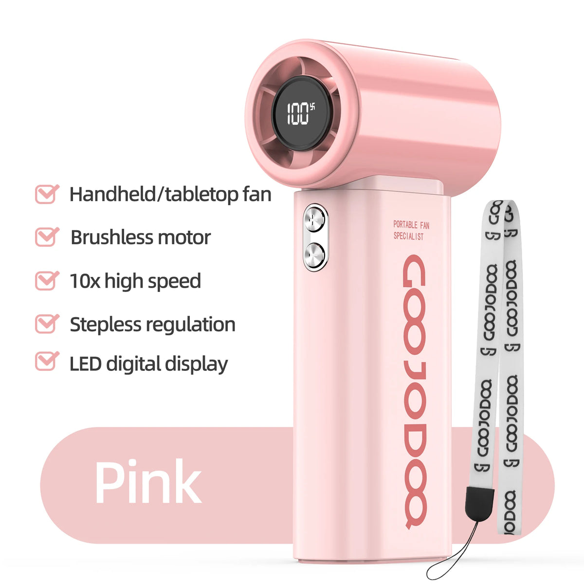 An array of high-speed pocket fans in various colors displayed next to each other with features like 100 speed levels, 9m/s hurricane, 12-hour duration, and LED display highlighted.