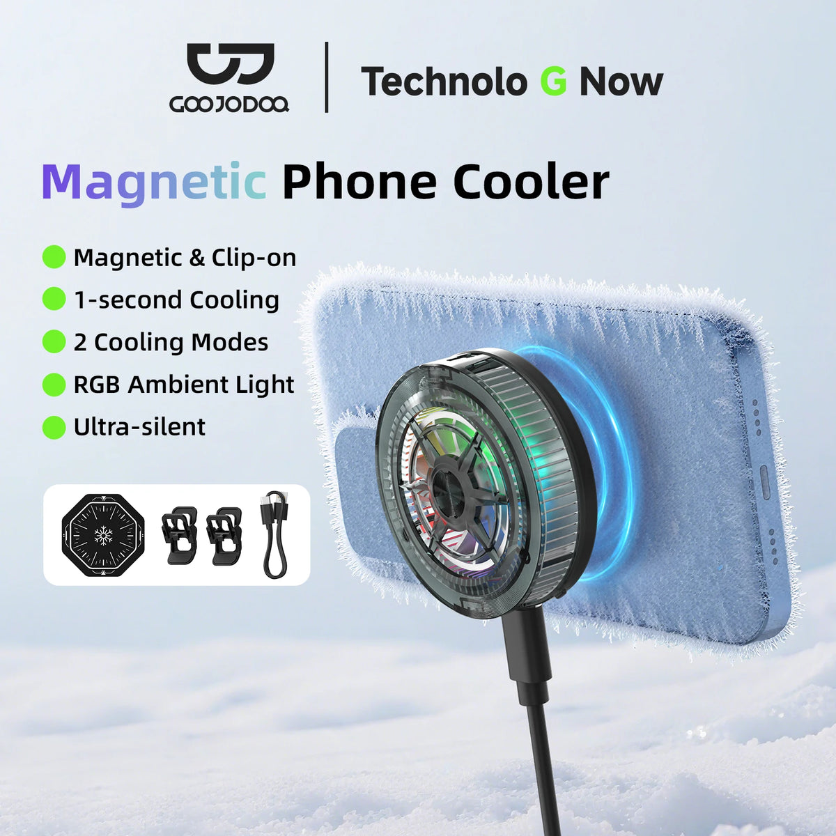 Magnetic phone cooler with RGB ambient light on a light blue background, featuring Coojooaa and Technolo G Now branding.