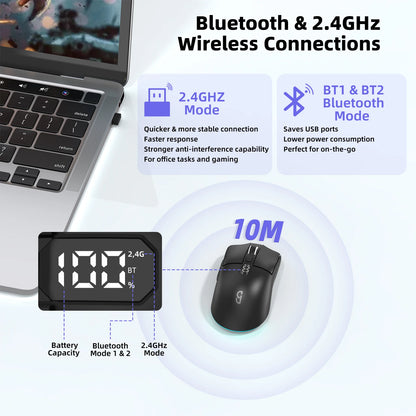 Laptop with wireless mouse and text on Bluetooth and 2.4GHz wireless connections