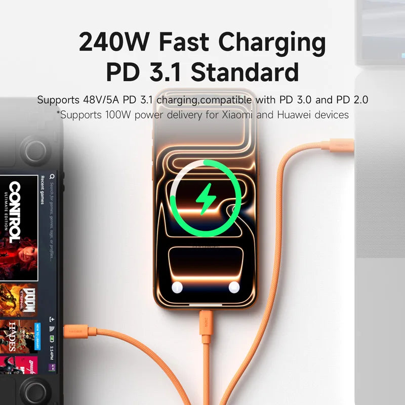 Fast charging cable with smartphone displaying charging status on a white background