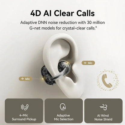 Ear with a 4D AI clear calls device, showing features like adaptive DNN noise reduction.