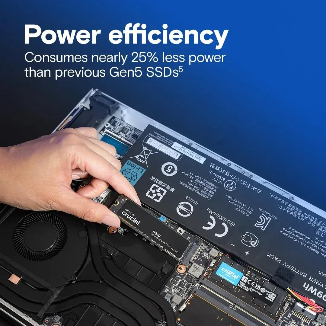 Hand installing an SSD into a laptop with power efficiency text overlay