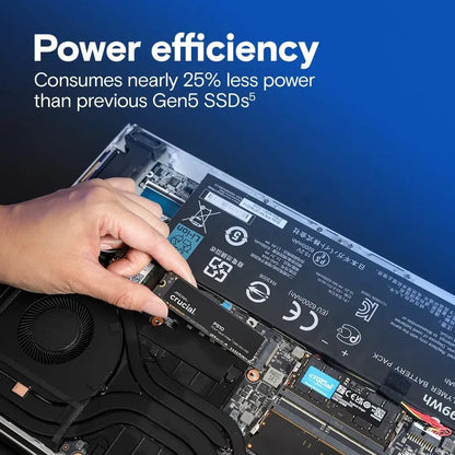 Hand installing an SSD into a laptop with power efficiency text overlay