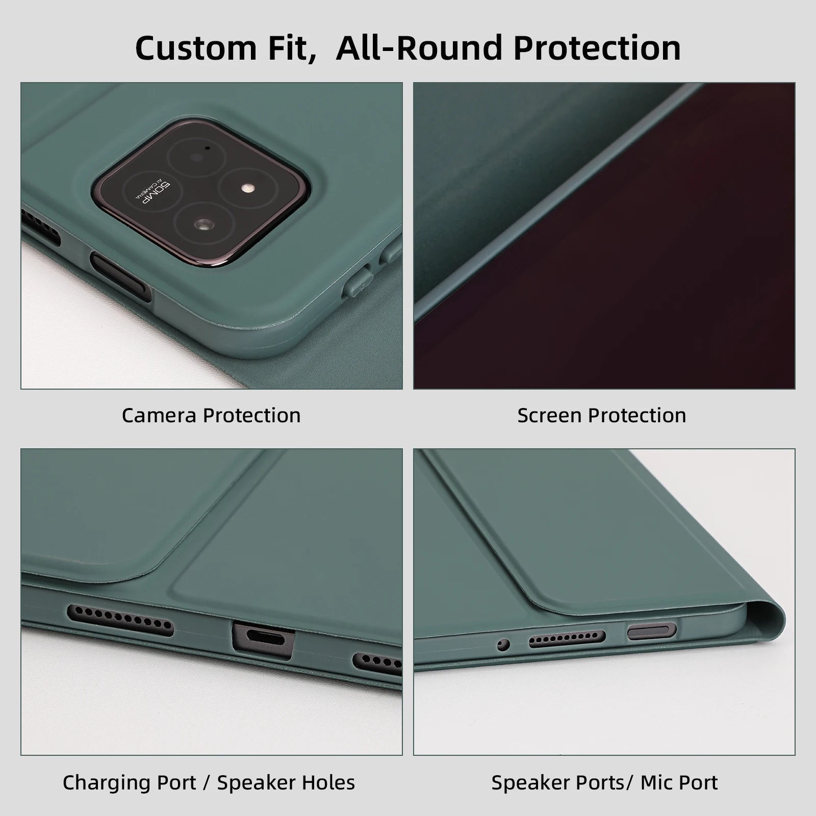 Green phone case with camera, screen, charging port, and speaker port protection on a gray background.