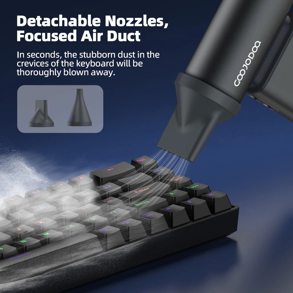 Keyboard cleaning tool with detachable nozzles blowing dust from a keyboard on a blue background
