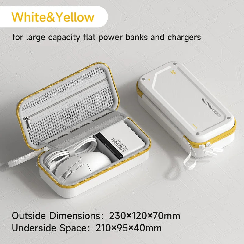 White and yellow power bank case with a power bank inside on a light gray background