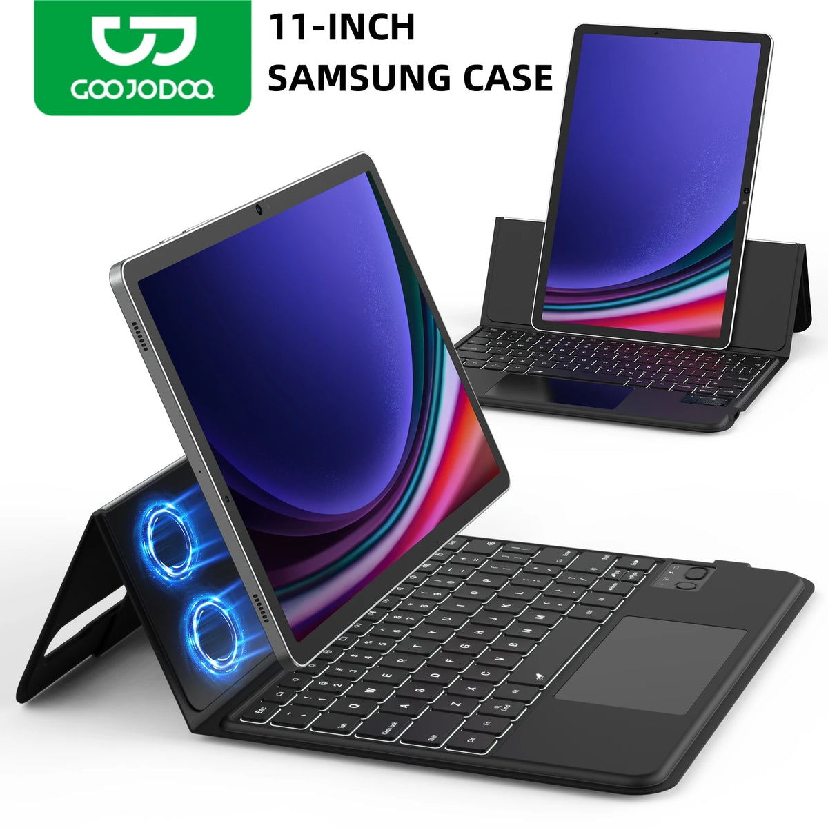 A promotional image featuring a black 11-inch Samsung Galaxy Tab with a magnetic protective case and keyboard attachment. The case is shown in both closed and open positions, displaying the keyboard and touchpad.