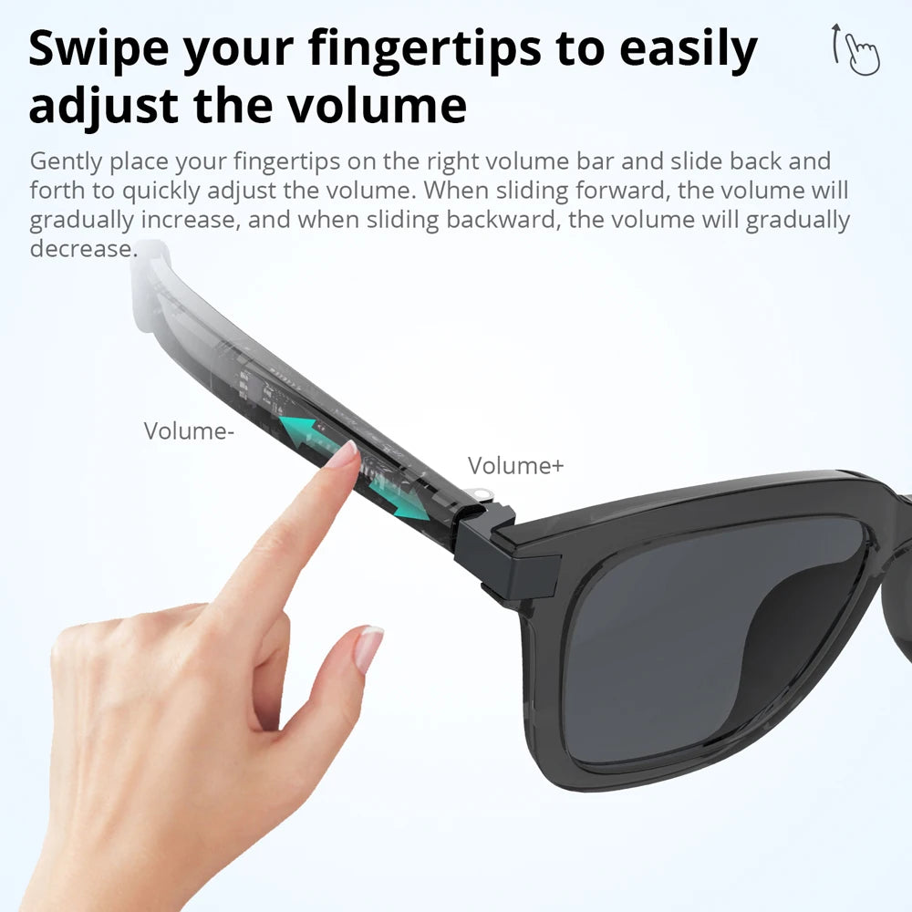 Sunglasses with volume control feature and hand swiping on the right arm.