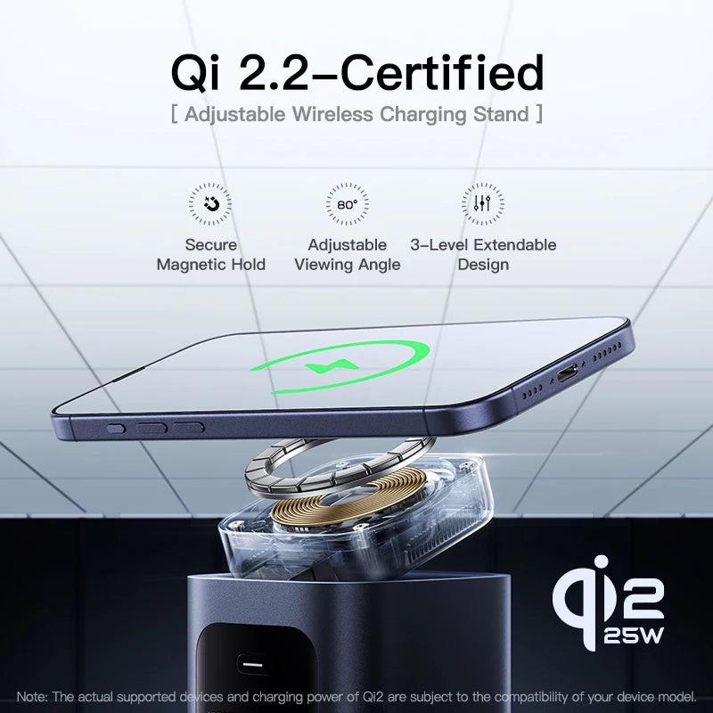 Qi 2.2-certified adjustable wireless charging stand with smartphone on a white background