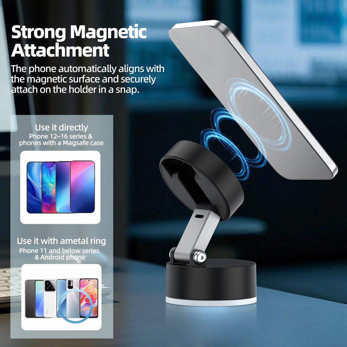 Phone holder with magnetic attachment feature on a dark background
