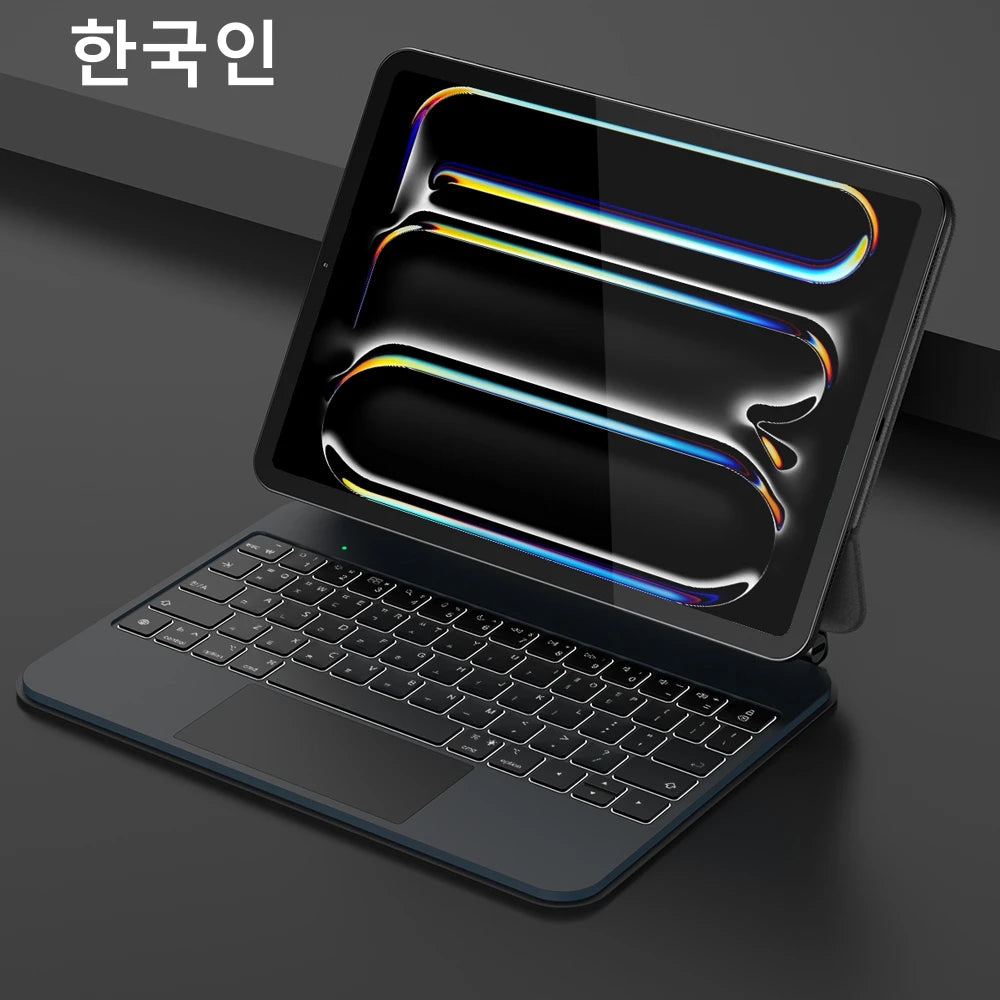 A promotional image featuring a Magnetic Magic Keyboard Case for iPad, displaying the product with a visual connection between the keyboard and the iPad, emphasizing the plug & play functionality.