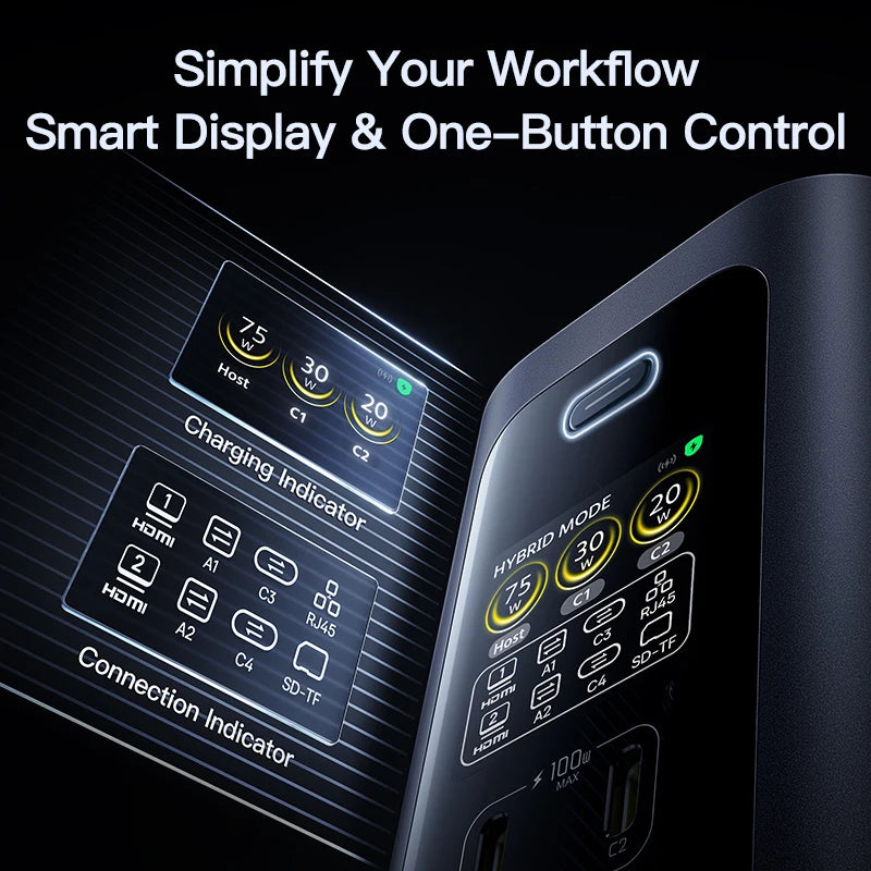 Smart electronic device with display and control buttons on a dark background