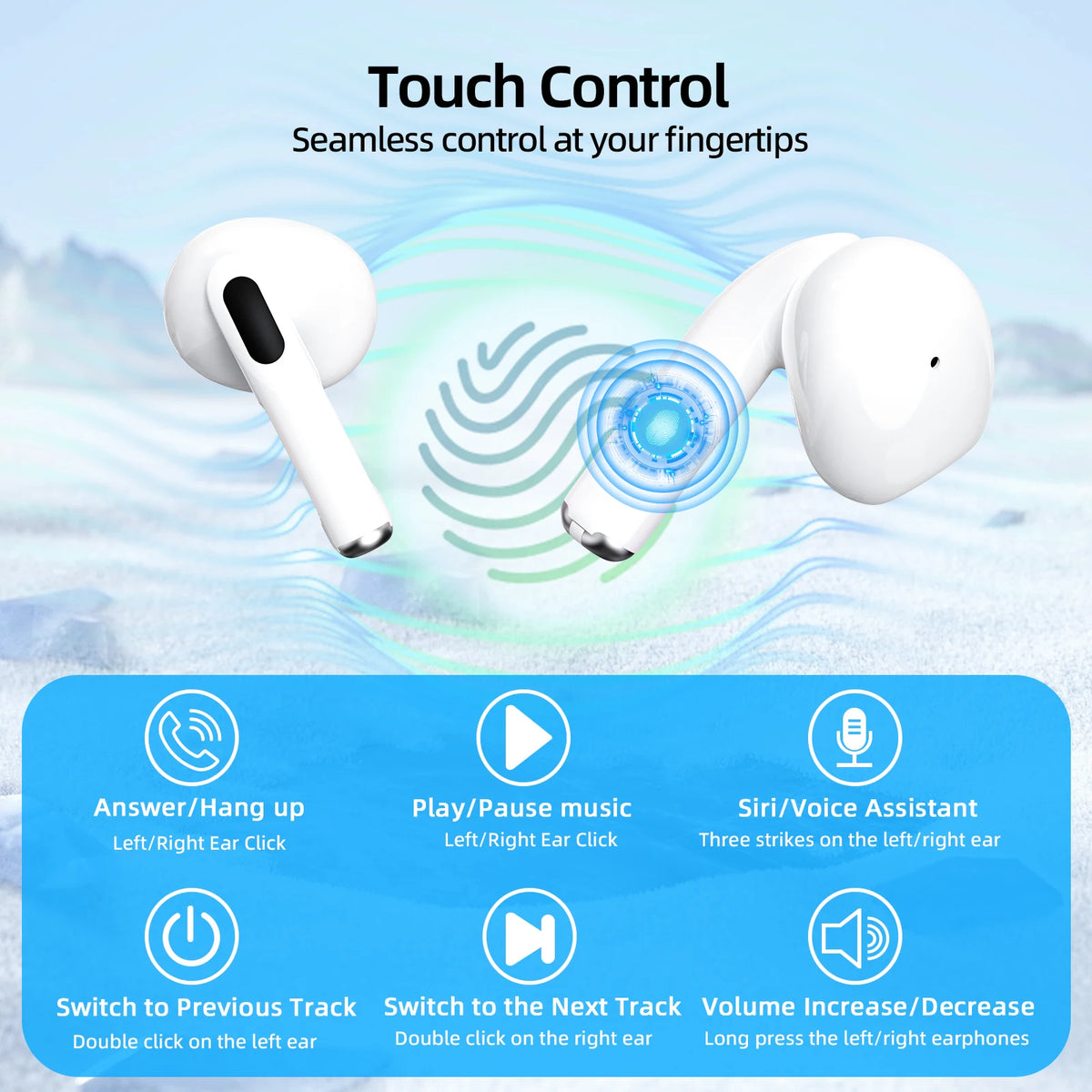 White wireless earbuds with touch control features on a blue and white background