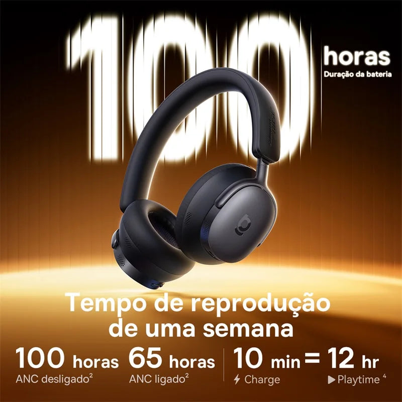 Black wireless headphones with battery life and playback time information on a dark background