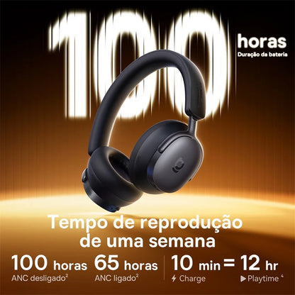 Black wireless headphones with battery life and playback time information on a dark background