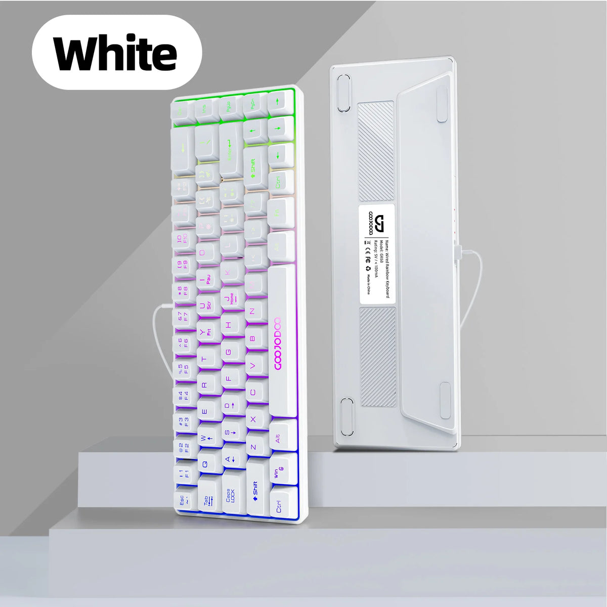 White mechanical keyboard with RGB lighting on a gray background