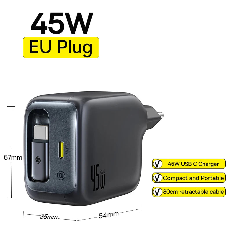 45W USB C charger with EU plug, dimensions, and features on a white background