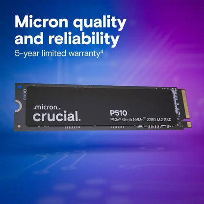 Crucial P510 SSD with Micron branding on a blue and purple gradient background