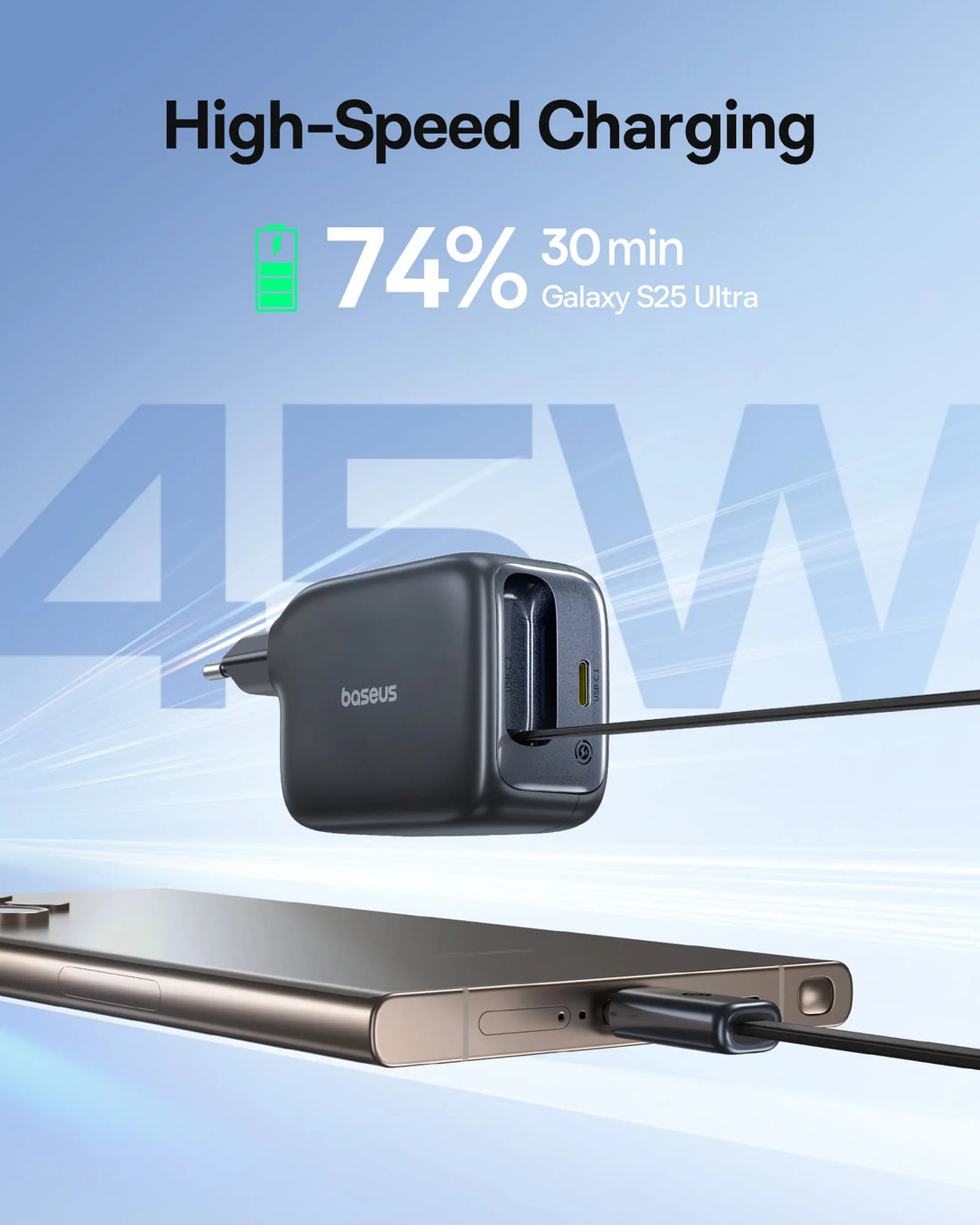 Bosch power adapter charging a device with text indicating high-speed charging capabilities.