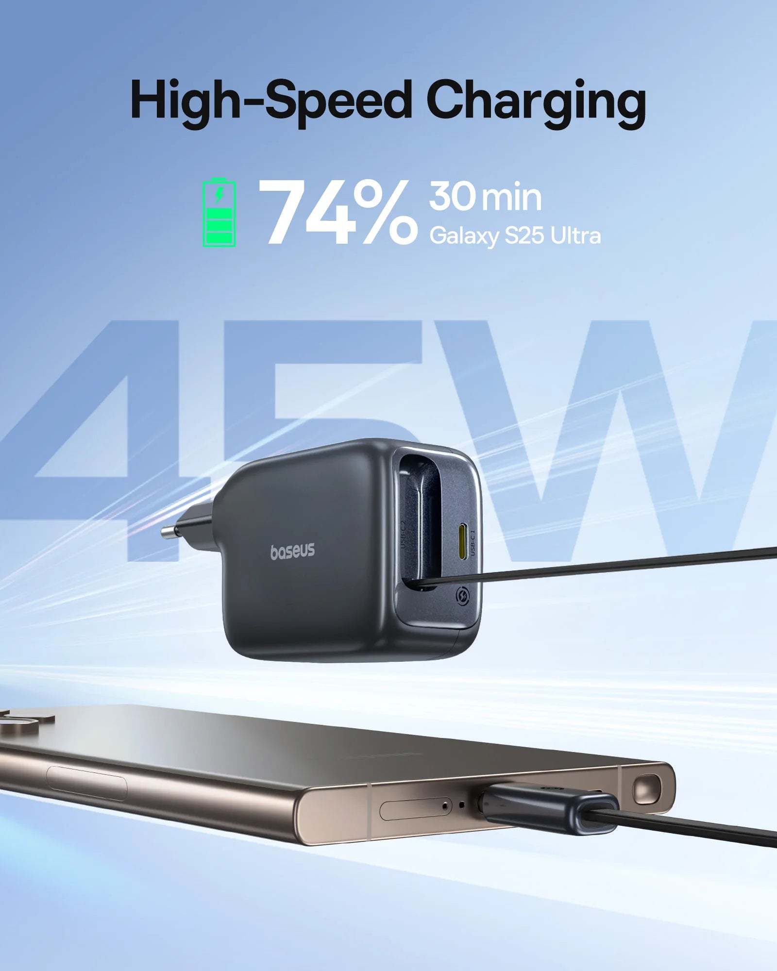 Bosch power adapter charging a device with text indicating high-speed charging capabilities.