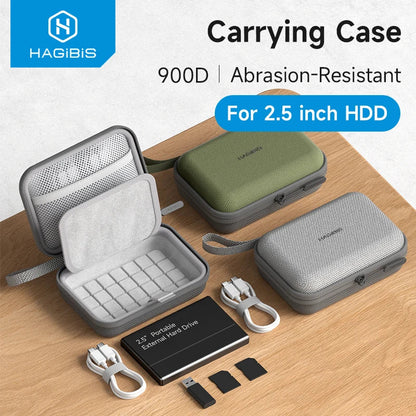 HAGIBIS carrying case for 2.5 inch HDD with accessories on a wooden surface