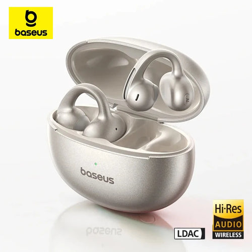 Baseus wireless earbuds with charging case on a white background