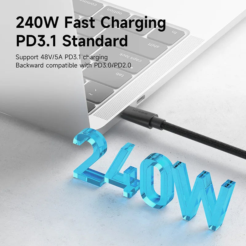 Laptop with fast charging cable and text highlighting charging specifications.