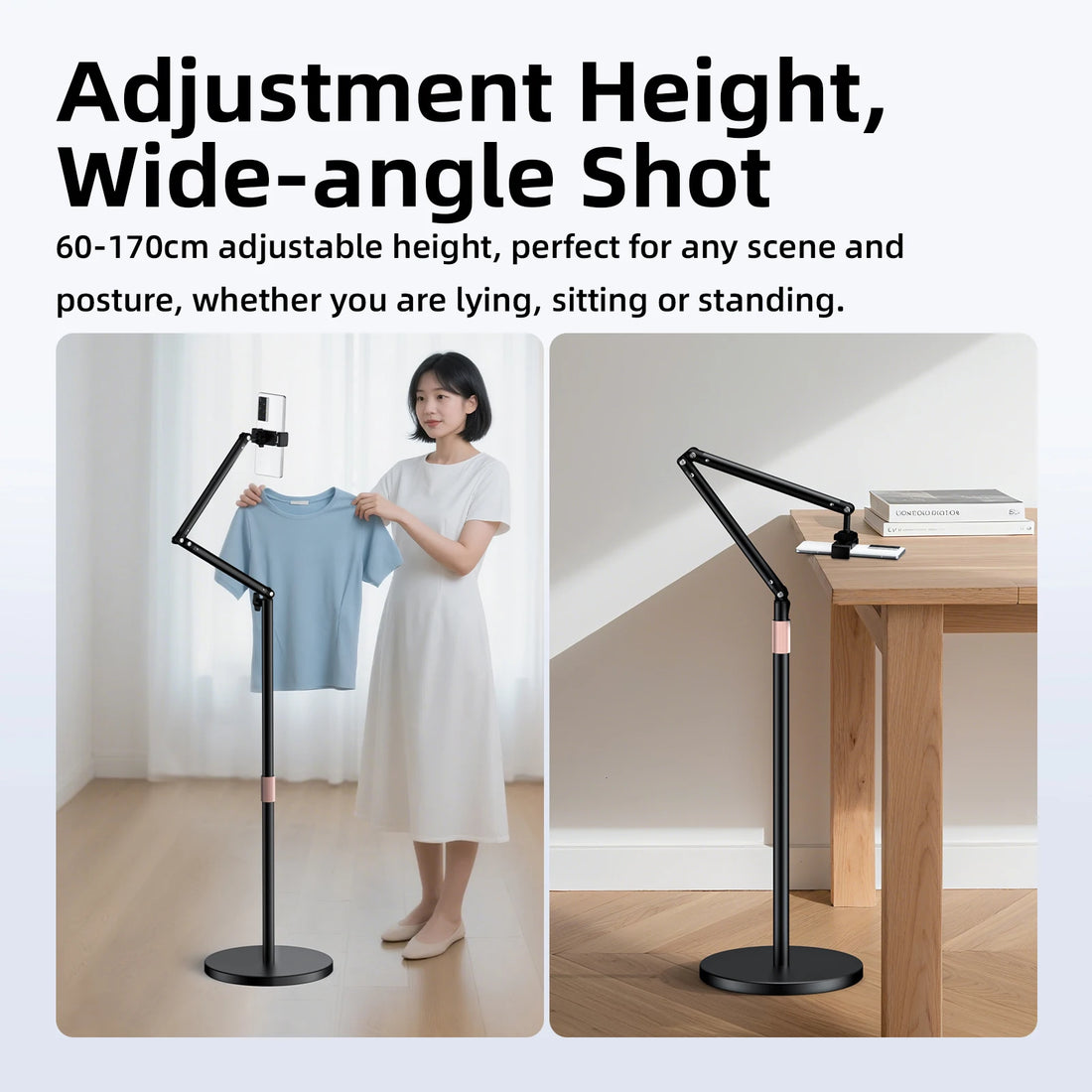 Adjustable stand with text about height range and usage scenarios