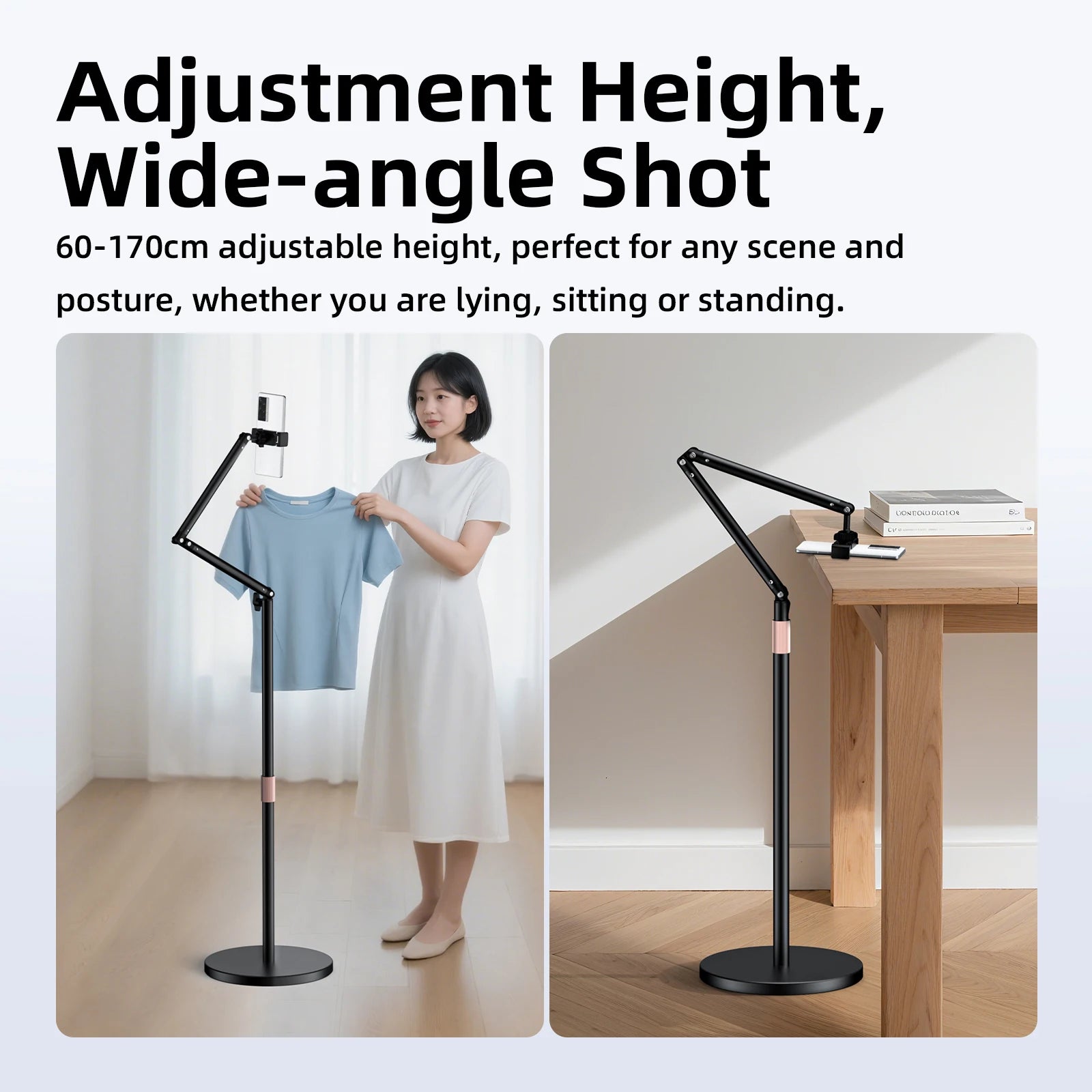 Adjustable stand with text about height range and usage scenarios