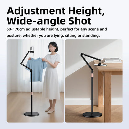 Adjustable stand with text about height range and usage scenarios