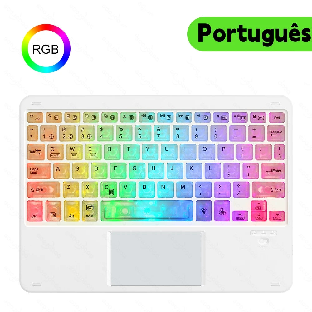 Colorful keyboard cover with RGB lighting and 'Portuguãs' text on a white background