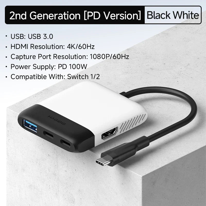 Multiport adapter with USB-C, HDMI, and USB ports on a white background