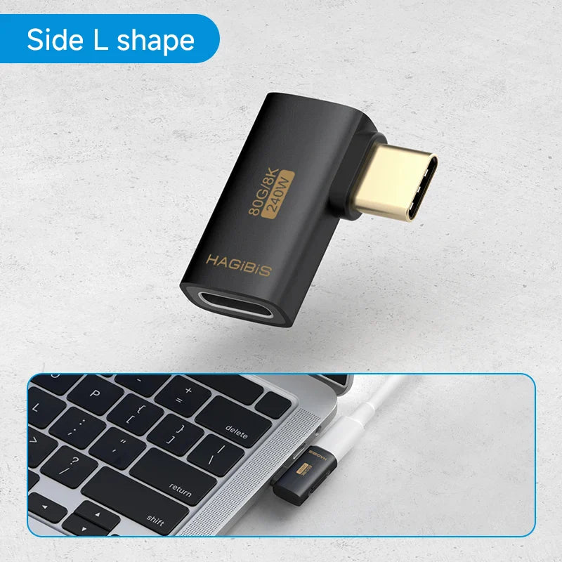 HDMI adapter with 'Side L shape' label on a light gray background, showing connection to a laptop.