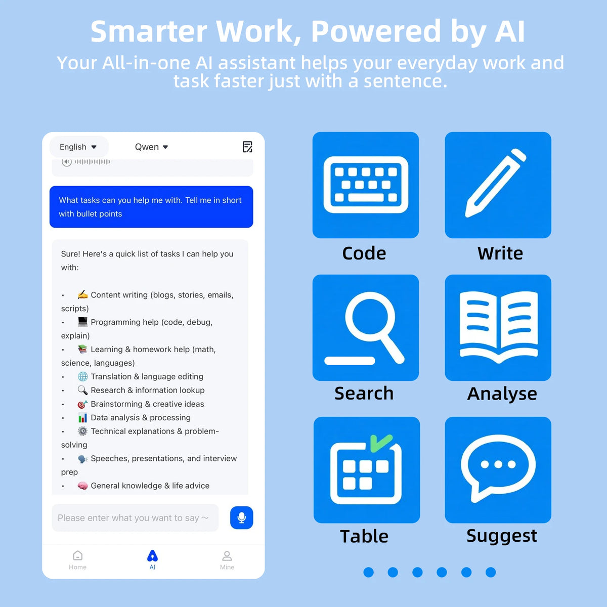 AI assistant interface with icons for code, write, search, analyse, table, and suggest on a blue background.