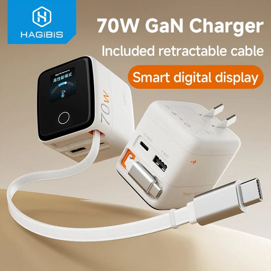 Hagibis 70W GaN Charger with Retractable USB-C Cable