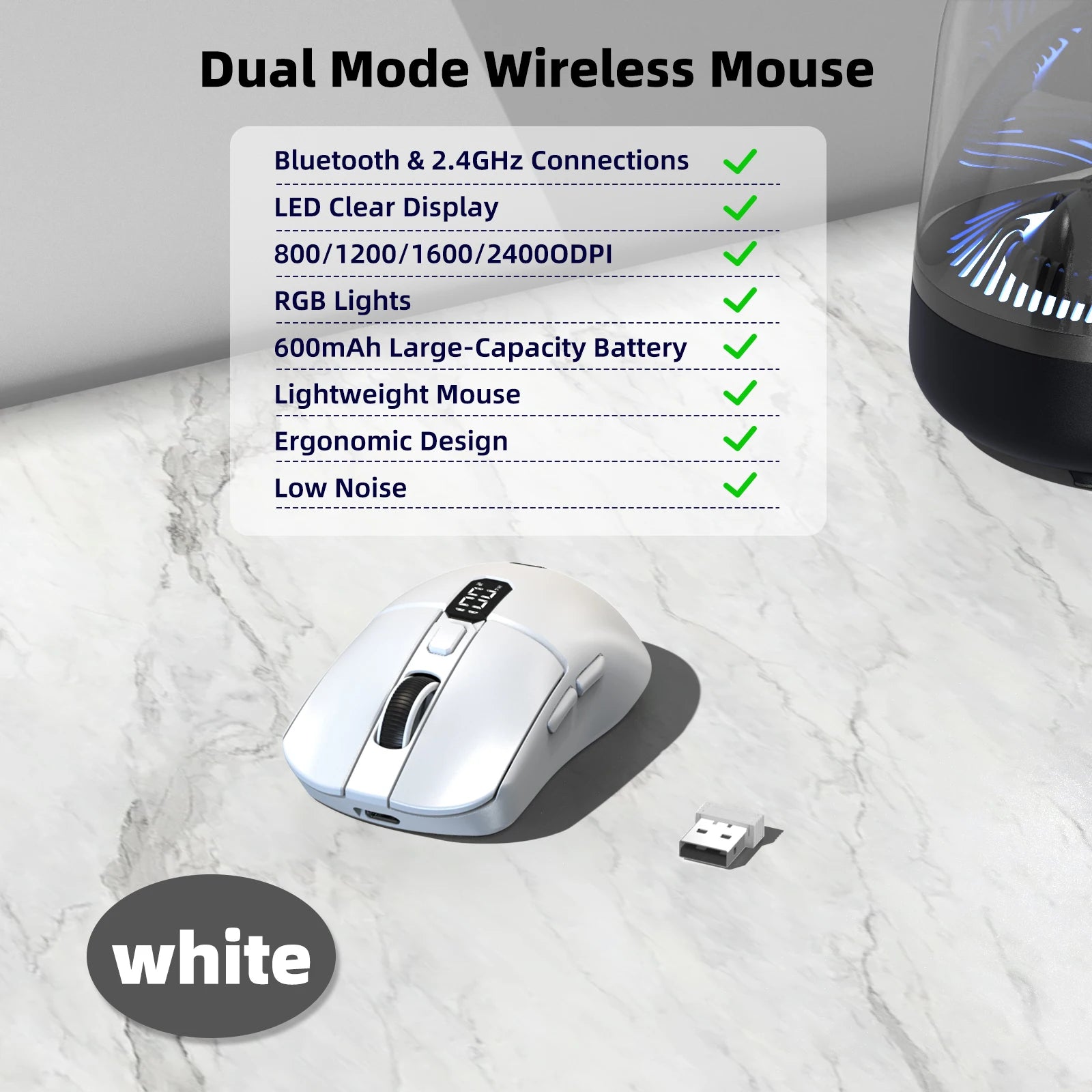White wireless mouse with USB receiver on a marble surface, featuring dual mode connectivity and RGB lights.