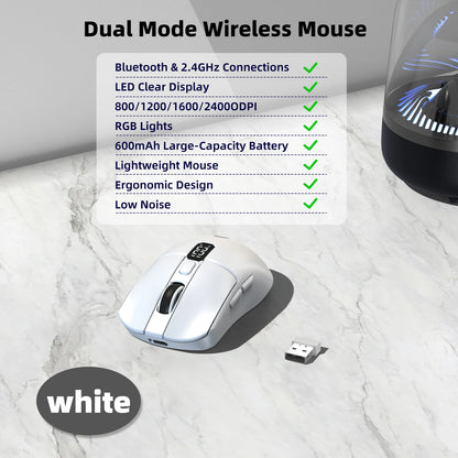 White wireless mouse with USB receiver on a marble surface, featuring dual mode connectivity and RGB lights.
