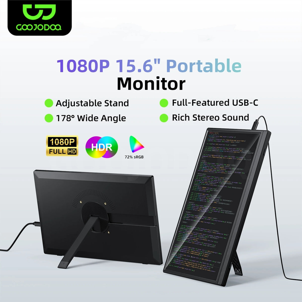 1080P 15.6" Portable Monitor with adjustable stand and full-featured USB-C on a white background.