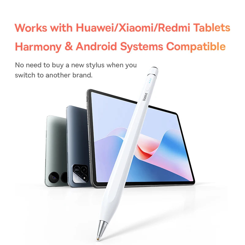 White stylus pen with text about compatibility with Huawei, Xiaomi, Redmi tablets and Android systems.