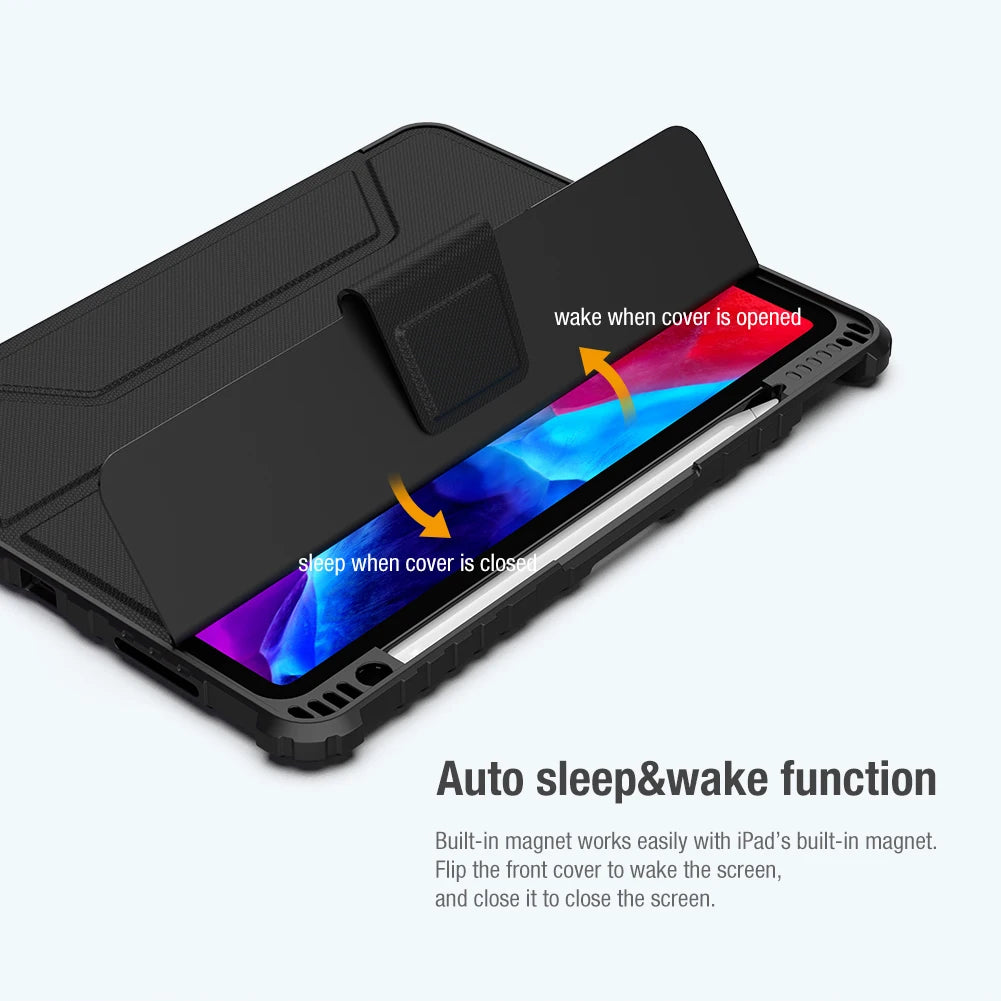 Black tablet case with auto sleep/wake function feature on a white background