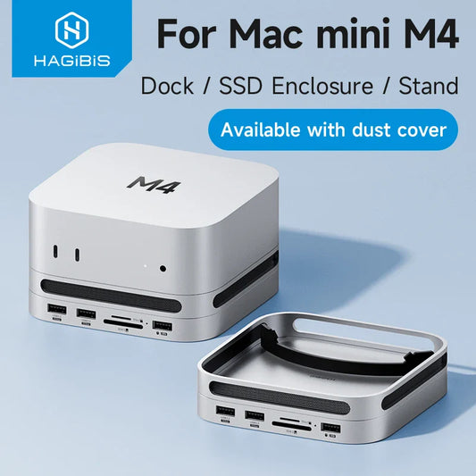 Mac mini M4 dock, SSD enclosure, and stand on a light blue background.