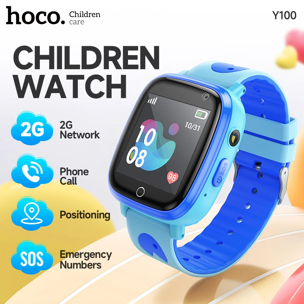 Children's watch with blue band and hoco branding on a colorful background