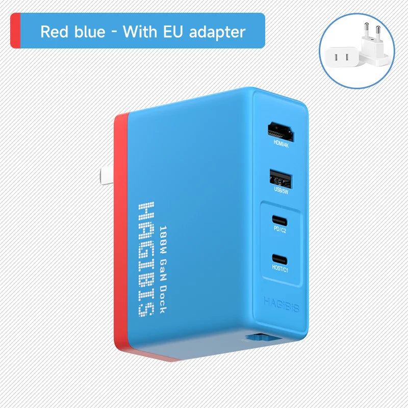 Blue and red power adapter with multiple ports on a white background