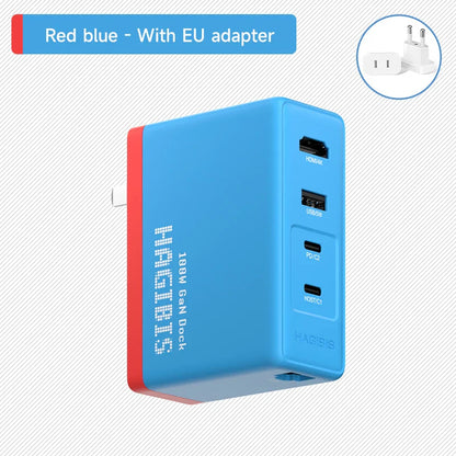 Blue and red power adapter with multiple ports on a white background