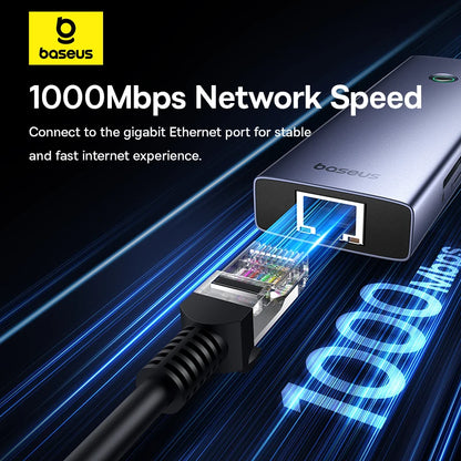 Baseus network adapter with Ethernet cable on a dark background, highlighting 1000Mbps network speed.