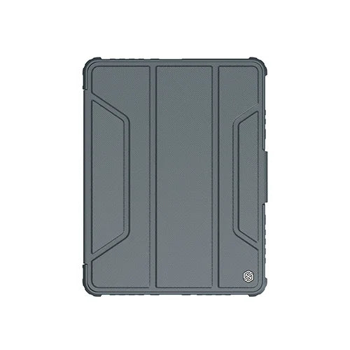 Gray tablet case with a geometric design on a white background