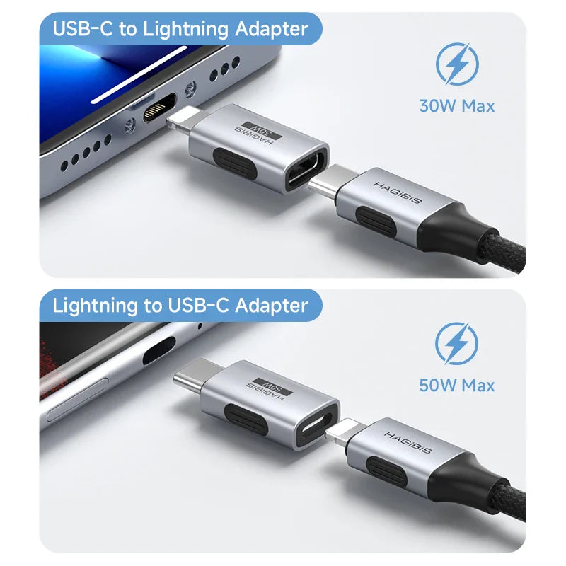Two USB-C to Lightning adapters with Hagibis branding on a white background.