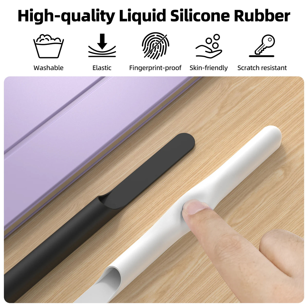 High-quality liquid silicone rubber with features listed on a wooden surface.
