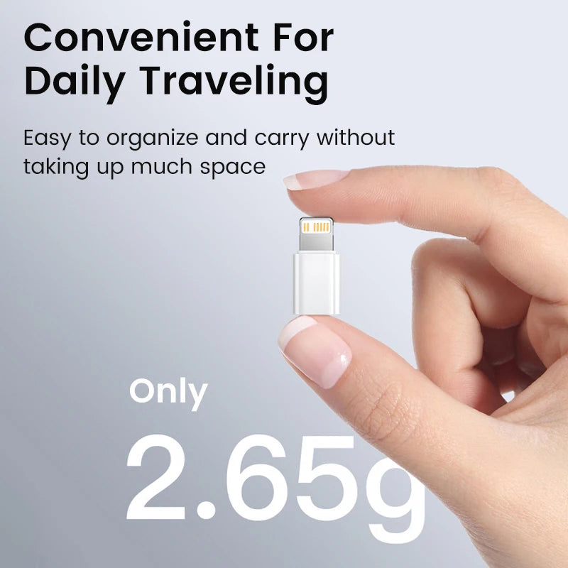 Hand holding a small device with text about its convenience for daily traveling and weight.