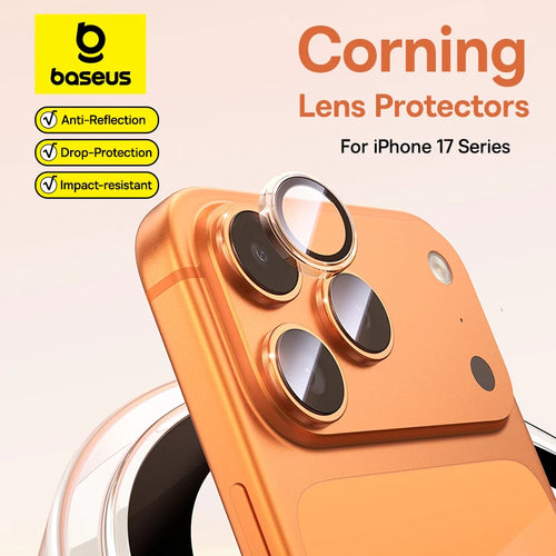 Corning lens protectors for iPhone 17 Series with Baseus branding on a beige background